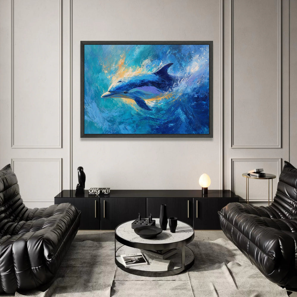 Vibrant Dolphin Ocean Splash Canvas, Marine Life Wall Art, Blue Sea Animal Canvas, Coastal Home Decoration, Ready to Hang Canvas Print Art