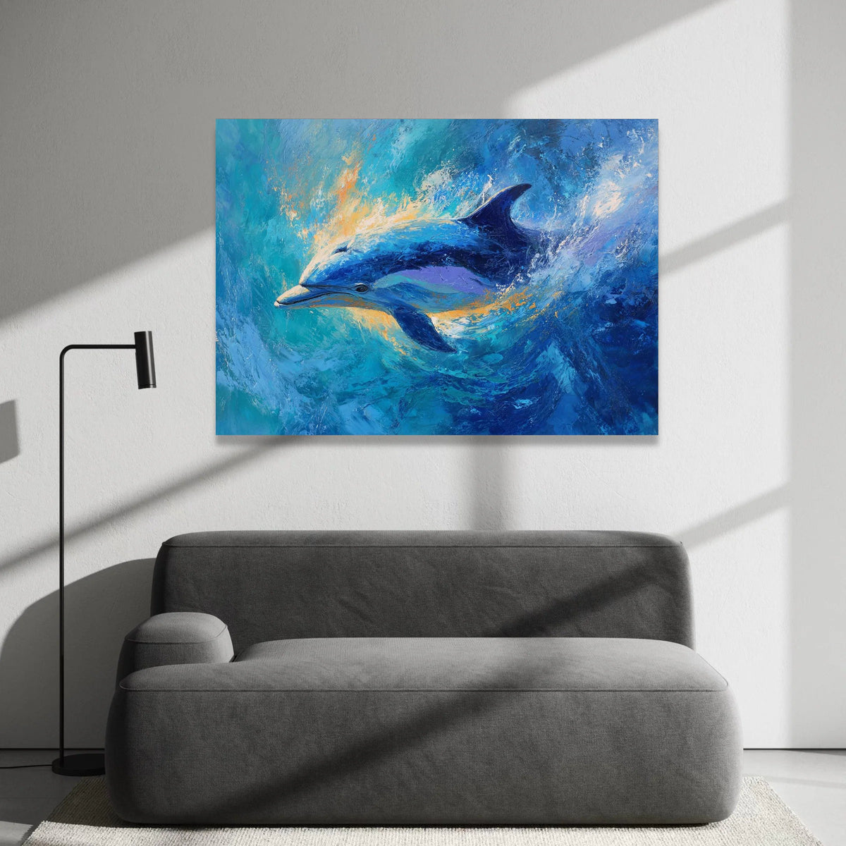 Vibrant Dolphin Ocean Splash Canvas, Marine Life Wall Art, Blue Sea Animal Canvas, Coastal Home Decoration, Ready to Hang Canvas Print Art