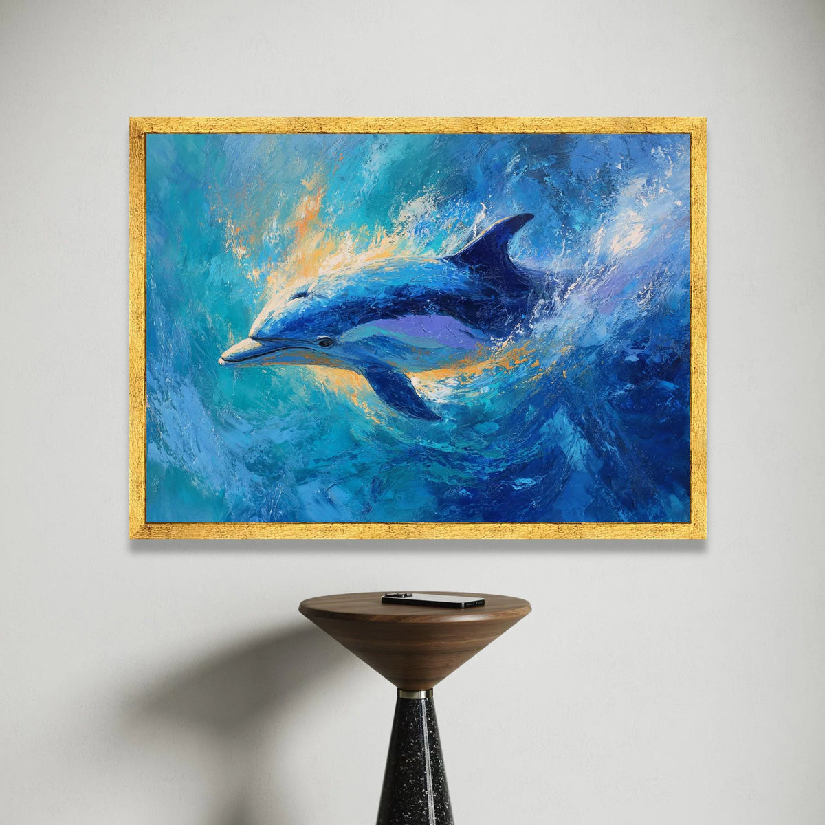 Vibrant Dolphin Ocean Splash Canvas, Marine Life Wall Art, Blue Sea Animal Canvas, Coastal Home Decoration, Ready to Hang Canvas Print Art
