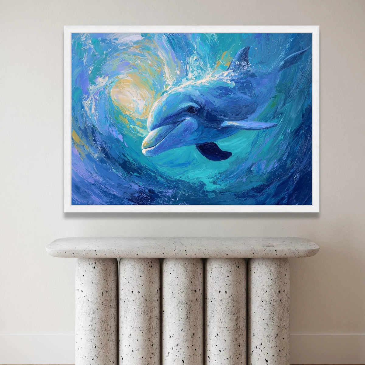 Whimsical Dolphin Swim, Ocean Wave Canvas, Marine Life Wall Art, Blue Sea Creature Canvas, Coastal Home Decoration Canvas Print Art