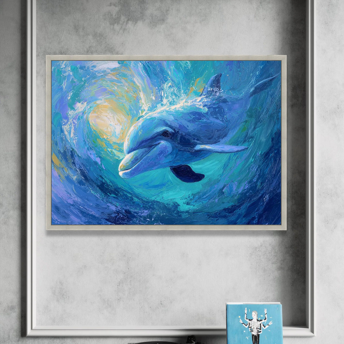 Whimsical Dolphin Swim, Ocean Wave Canvas, Marine Life Wall Art, Blue Sea Creature Canvas, Coastal Home Decoration Canvas Print Art