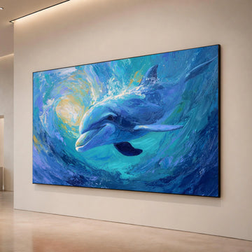 Whimsical Dolphin Swim, Ocean Wave Canvas, Marine Life Wall Art, Blue Sea Creature Canvas, Coastal Home Decoration Canvas Print Art