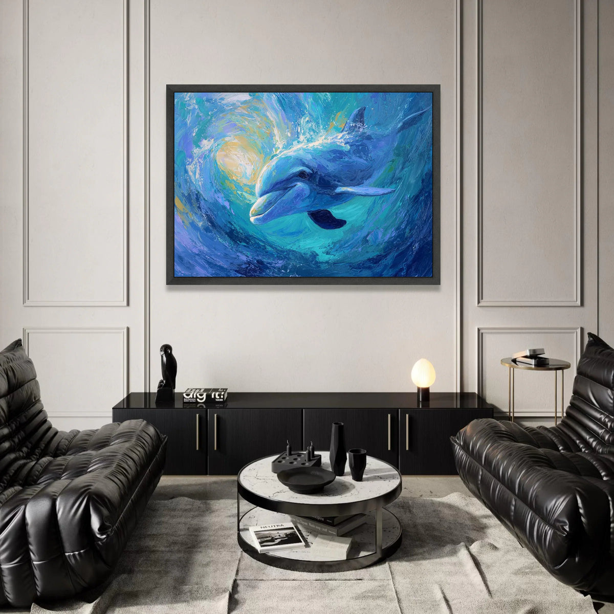 Whimsical Dolphin Swim, Ocean Wave Canvas, Marine Life Wall Art, Blue Sea Creature Canvas, Coastal Home Decoration Canvas Print Art