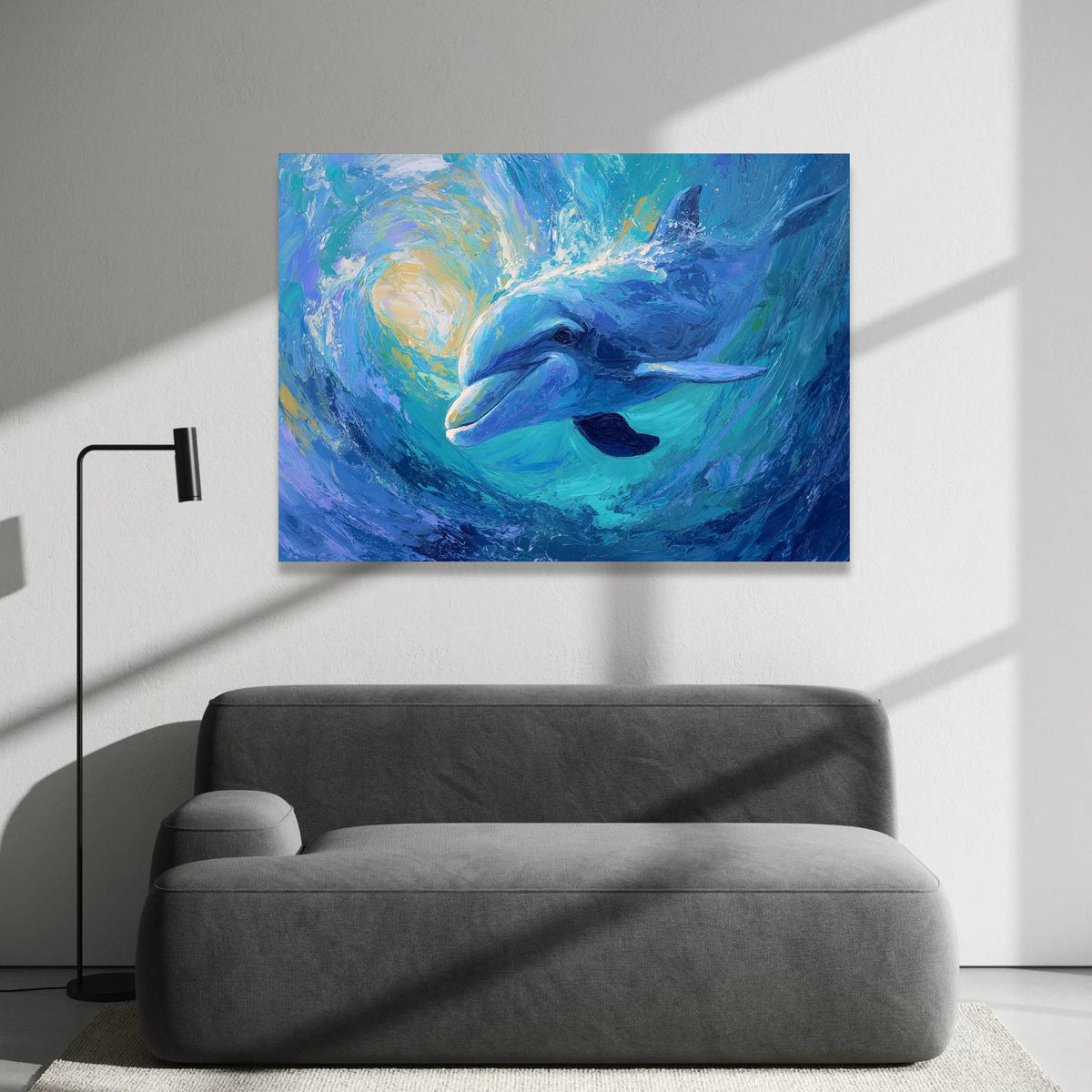 Whimsical Dolphin Swim, Ocean Wave Canvas, Marine Life Wall Art, Blue Sea Creature Canvas, Coastal Home Decoration Canvas Print Art
