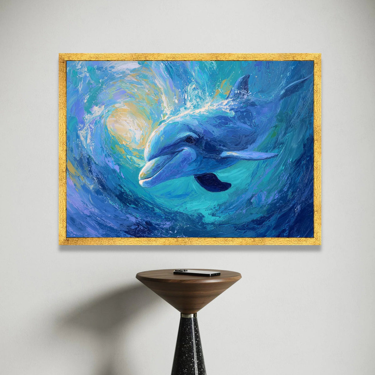 Whimsical Dolphin Swim, Ocean Wave Canvas, Marine Life Wall Art, Blue Sea Creature Canvas, Coastal Home Decoration Canvas Print Art