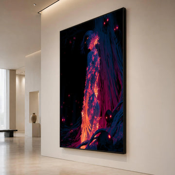Surreal Fiery Woman Canvas, Glowing Floral Figure Wall Art, Dark Fantasy Forest Scene, Mystical Night Canvas, Unique Home Canvas Print Art