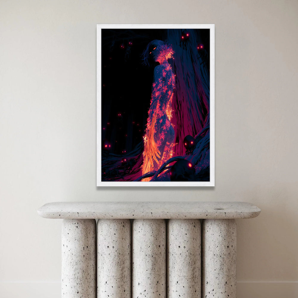 Surreal Fiery Woman Canvas, Glowing Floral Figure Wall Art, Dark Fantasy Forest Scene, Mystical Night Canvas, Unique Home Canvas Print Art