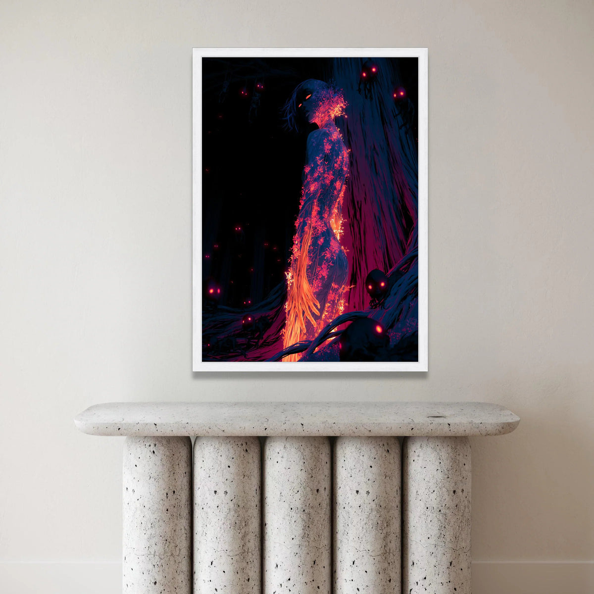 Surreal Fiery Woman Canvas, Glowing Floral Figure Wall Art, Dark Fantasy Forest Scene, Mystical Night Canvas, Unique Home Canvas Print Art