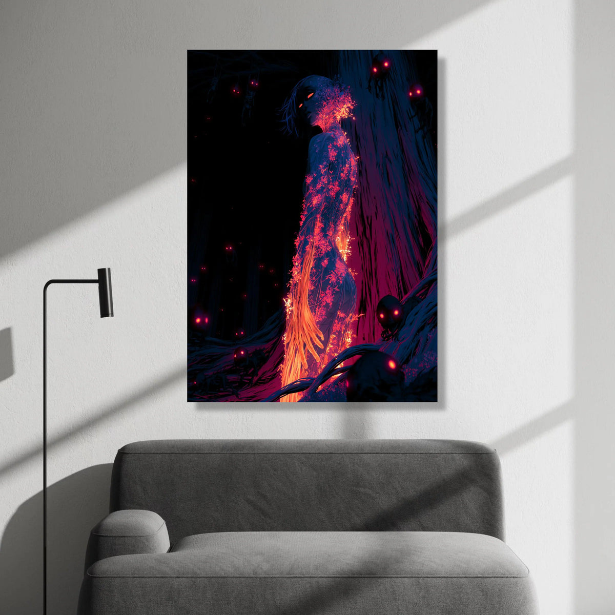 Surreal Fiery Woman Canvas, Glowing Floral Figure Wall Art, Dark Fantasy Forest Scene, Mystical Night Canvas, Unique Home Canvas Print Art