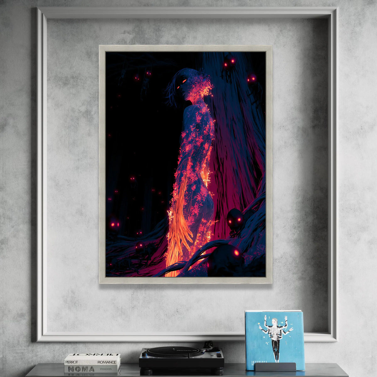 Surreal Fiery Woman Canvas, Glowing Floral Figure Wall Art, Dark Fantasy Forest Scene, Mystical Night Canvas, Unique Home Canvas Print Art