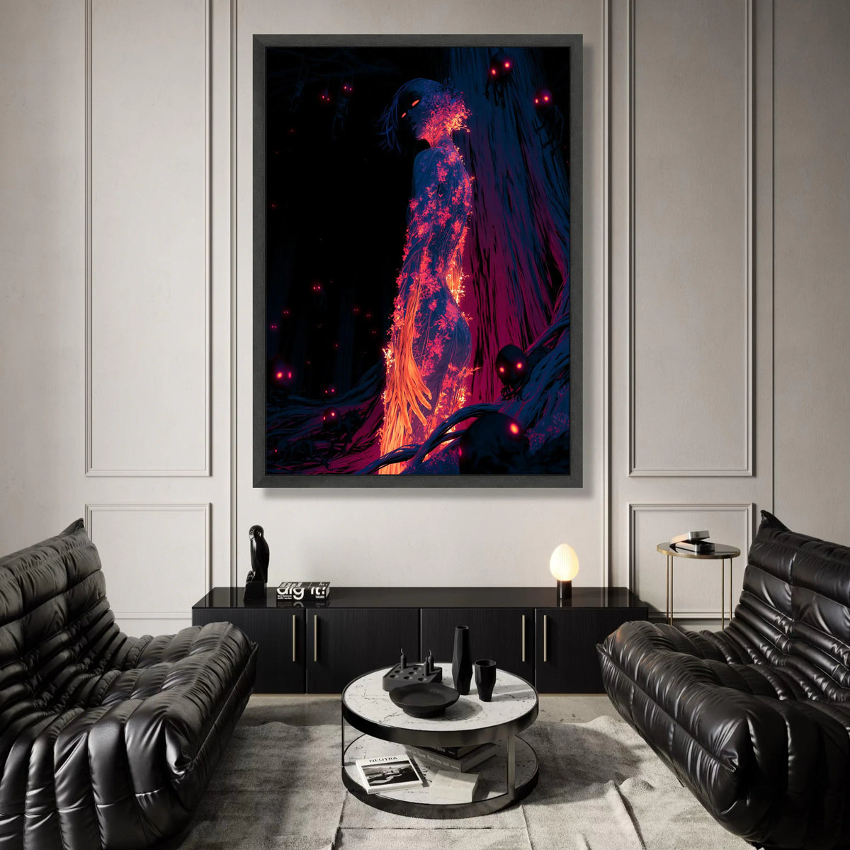 Surreal Fiery Woman Canvas, Glowing Floral Figure Wall Art, Dark Fantasy Forest Scene, Mystical Night Canvas, Unique Home Canvas Print Art