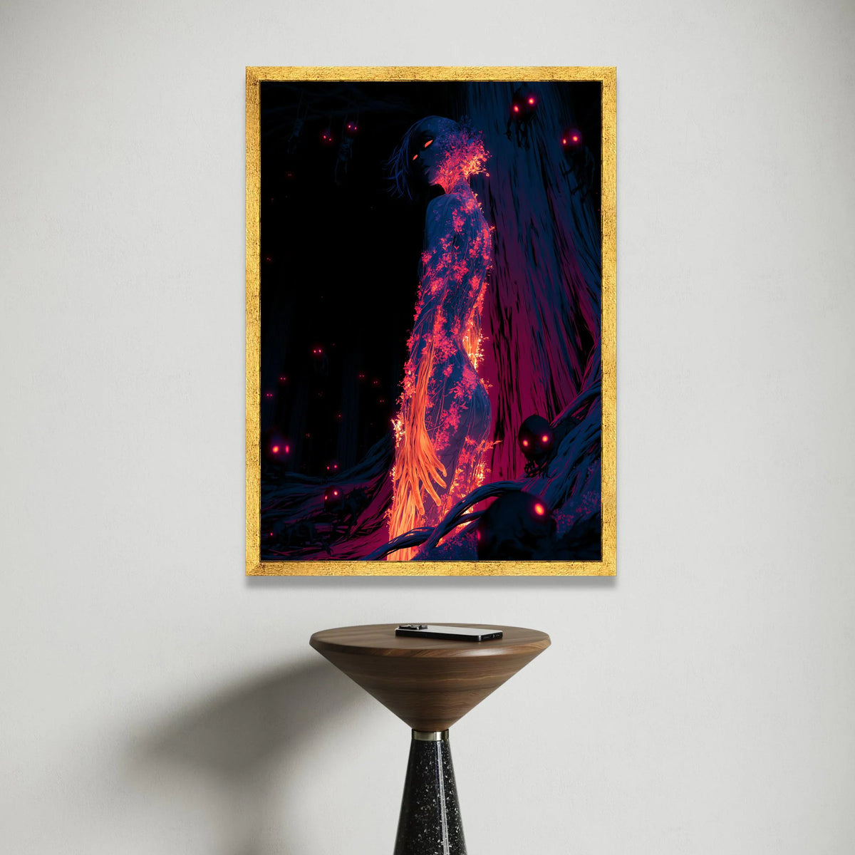 Surreal Fiery Woman Canvas, Glowing Floral Figure Wall Art, Dark Fantasy Forest Scene, Mystical Night Canvas, Unique Home Canvas Print Art