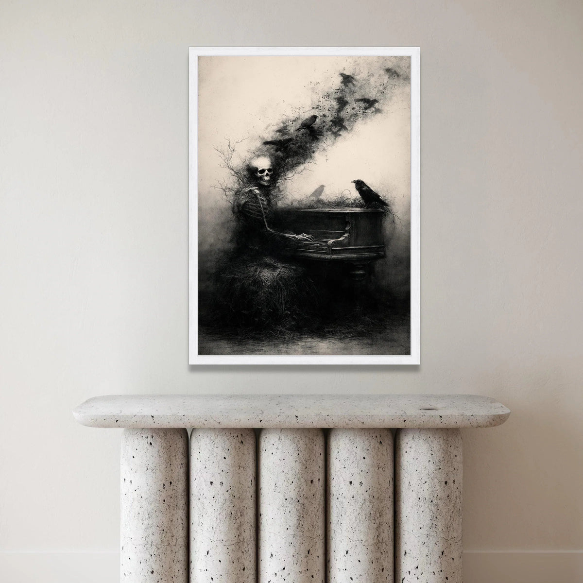 Gothic Skeleton Playing Piano Canvas, Dark Raven Wall Art, Surreal Music Illustration, Haunted Home Decoration, Eerie Canvas Print Art