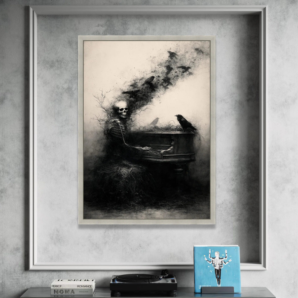 Gothic Skeleton Playing Piano Canvas, Dark Raven Wall Art, Surreal Music Illustration, Haunted Home Decoration, Eerie Canvas Print Art