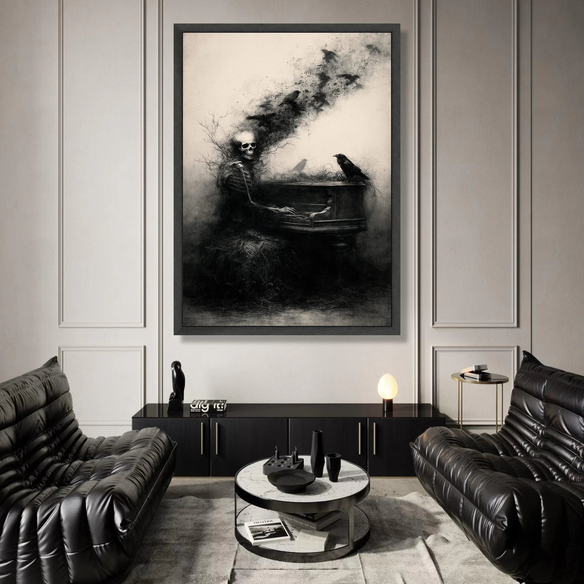 Gothic Skeleton Playing Piano Canvas, Dark Raven Wall Art, Surreal Music Illustration, Haunted Home Decoration, Eerie Canvas Print Art