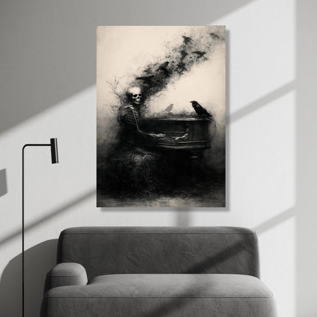 Gothic Skeleton Playing Piano Canvas, Dark Raven Wall Art, Surreal Music Illustration, Haunted Home Decoration, Eerie Canvas Print Art