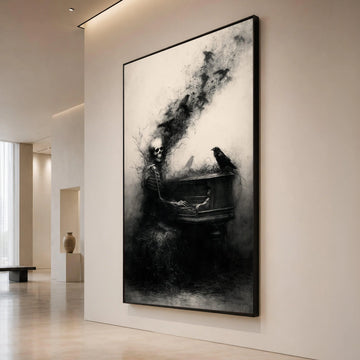 Gothic Skeleton Playing Piano Canvas, Dark Raven Wall Art, Surreal Music Illustration, Haunted Home Decoration, Eerie Canvas Print Art