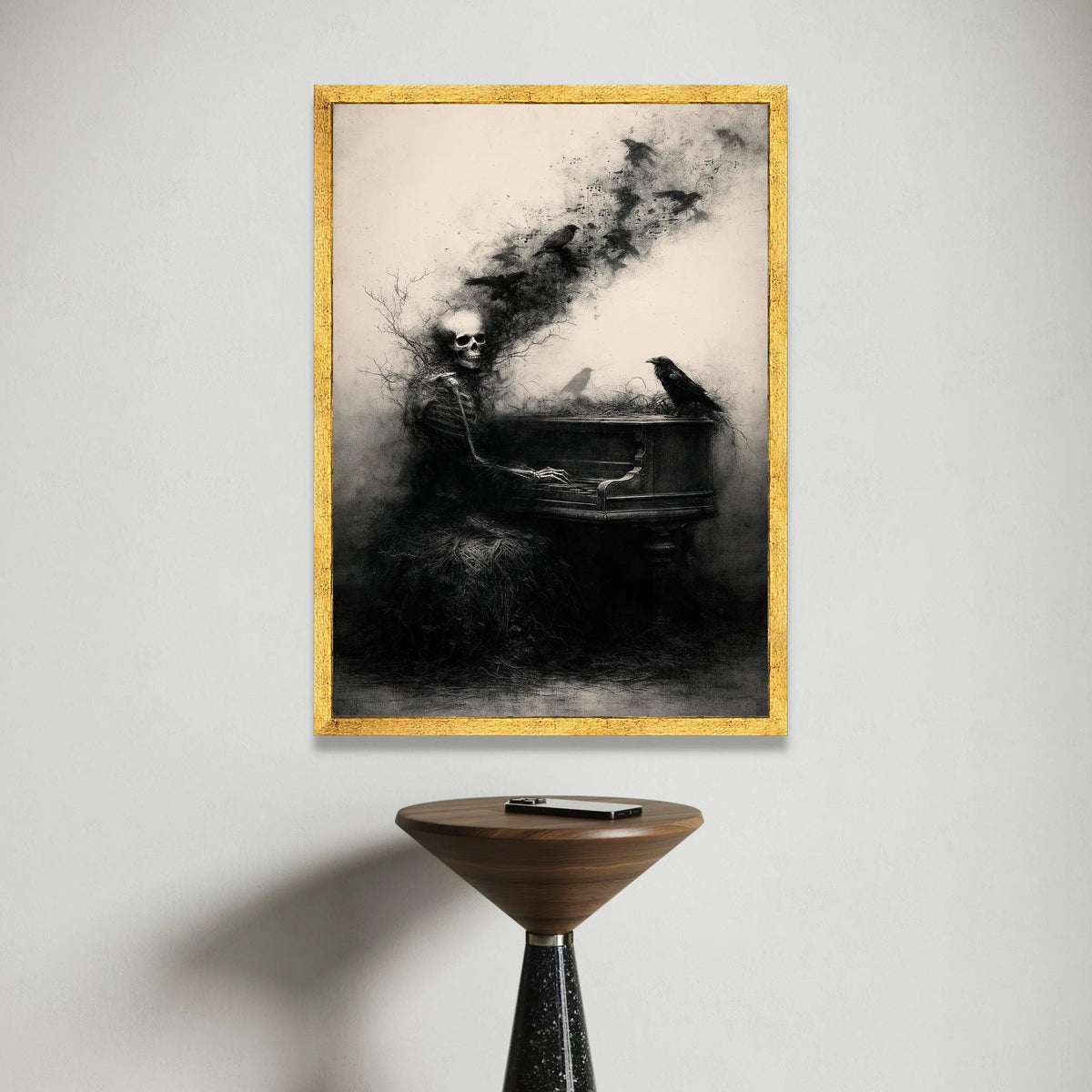Gothic Skeleton Playing Piano Canvas, Dark Raven Wall Art, Surreal Music Illustration, Haunted Home Decoration, Eerie Canvas Print Art