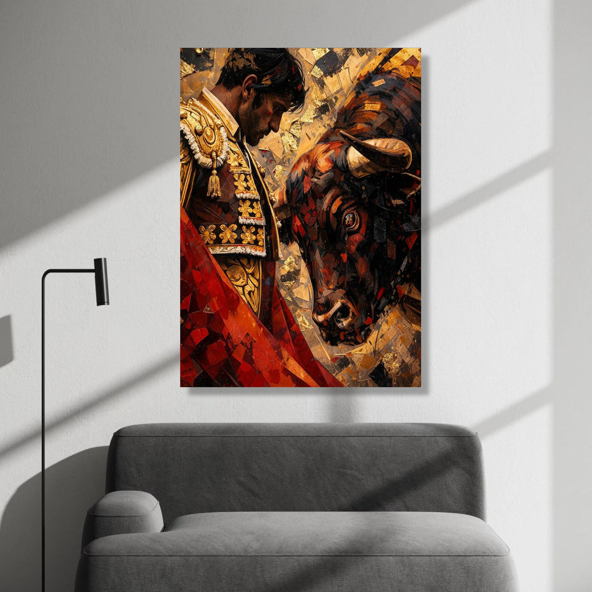 Bullfighter and Bull Canvas Wall Art, Matador Portrait Decor, Spanish Culture Canvas, Dramatic Animal and Human Art, Home Canvas Print Art
