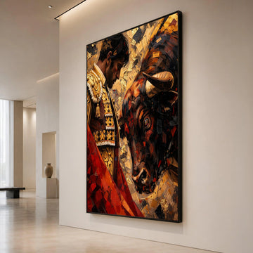Bullfighter and Bull Canvas Wall Art, Matador Portrait Decor, Spanish Culture Canvas, Dramatic Animal and Human Art, Home Canvas Print Art