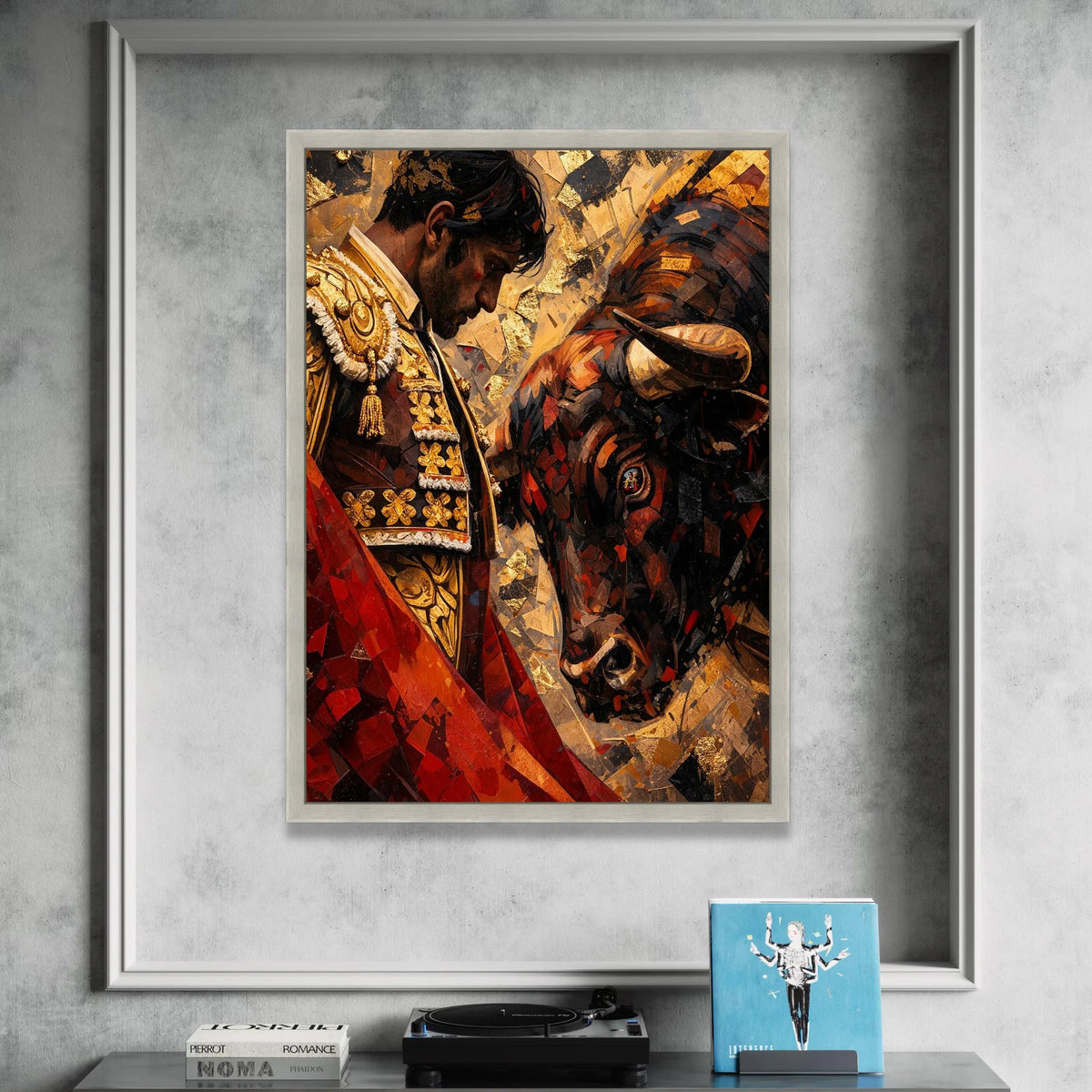Bullfighter and Bull Canvas Wall Art, Matador Portrait Decor, Spanish Culture Canvas, Dramatic Animal and Human Art, Home Canvas Print Art