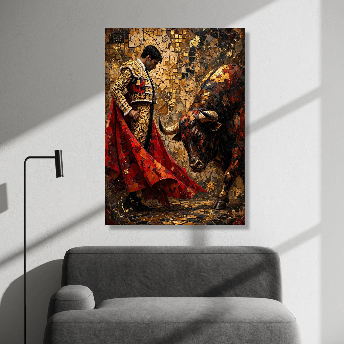 Matador and Bull Mosaic Art Canvas, Bullfighting Scene Wall Art, Spanish Tradition Canvas, Bold Cultural Home Decor, Ready Canvas Print Art