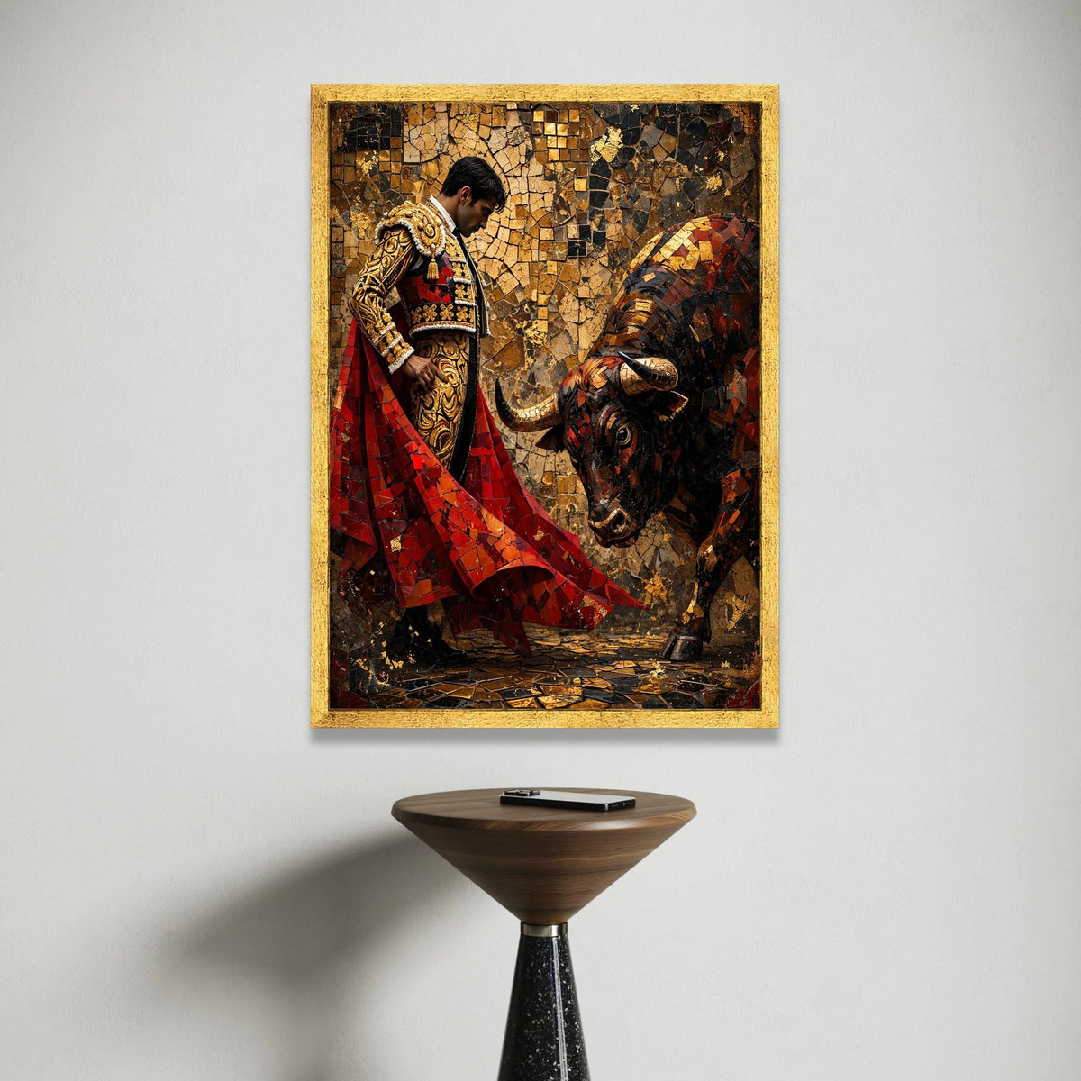 Matador and Bull Mosaic Art Canvas, Bullfighting Scene Wall Art, Spanish Tradition Canvas, Bold Cultural Home Decor, Ready Canvas Print Art