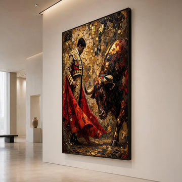 Matador and Bull Mosaic Art Canvas, Bullfighting Scene Wall Art, Spanish Tradition Canvas, Bold Cultural Home Decor, Ready Canvas Print Art