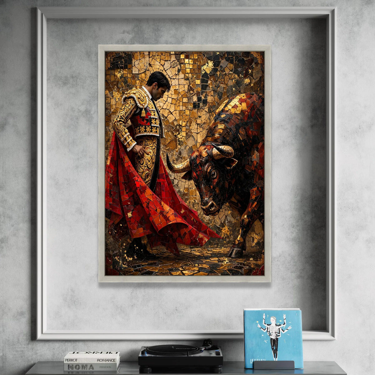 Matador and Bull Mosaic Art Canvas, Bullfighting Scene Wall Art, Spanish Tradition Canvas, Bold Cultural Home Decor, Ready Canvas Print Art