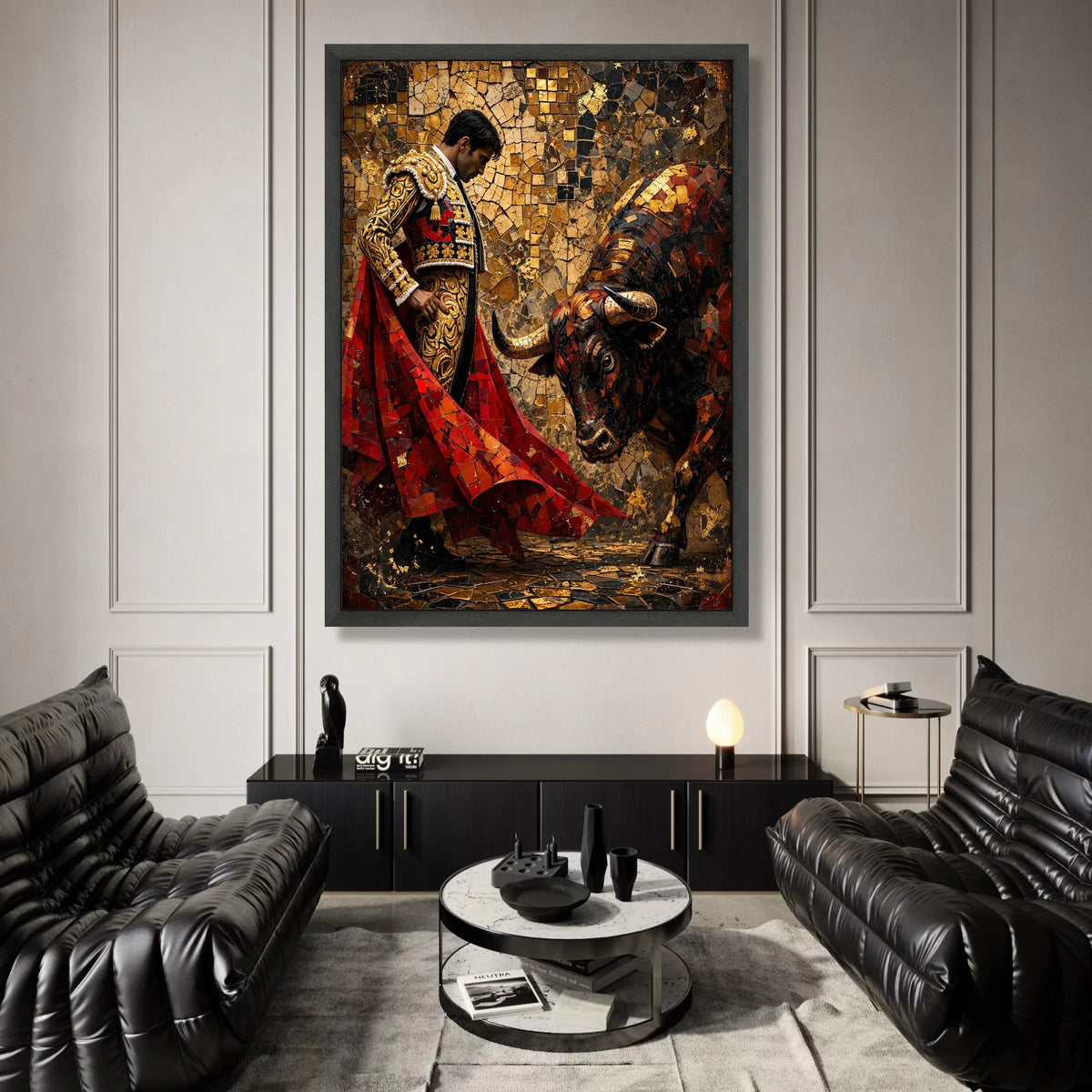 Matador and Bull Mosaic Art Canvas, Bullfighting Scene Wall Art, Spanish Tradition Canvas, Bold Cultural Home Decor, Ready Canvas Print Art