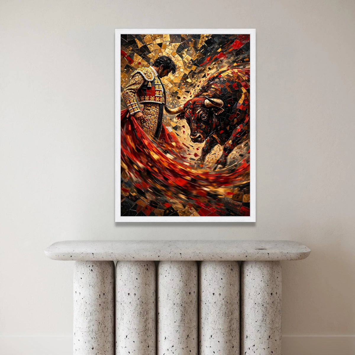 Bold Bullfighter and Charging Bull Canvas, Red and Gold Mosaic Wall Art, Spanish Fiesta Canvas, Bullfight Scene Decoration, Canvas Print Art