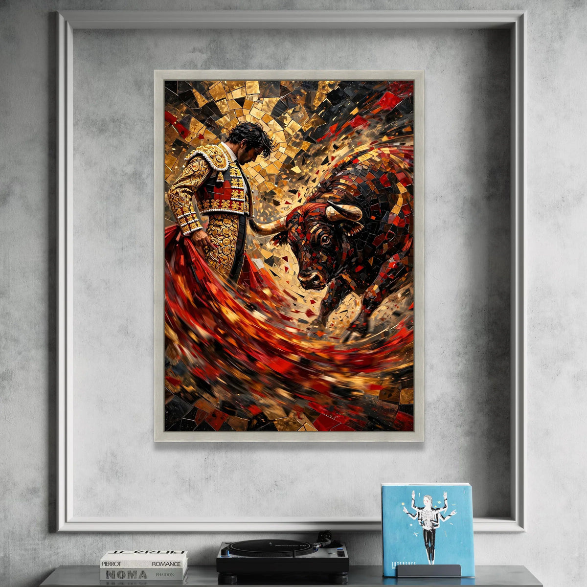 Bold Bullfighter and Charging Bull Canvas, Red and Gold Mosaic Wall Art, Spanish Fiesta Canvas, Bullfight Scene Decoration, Canvas Print Art