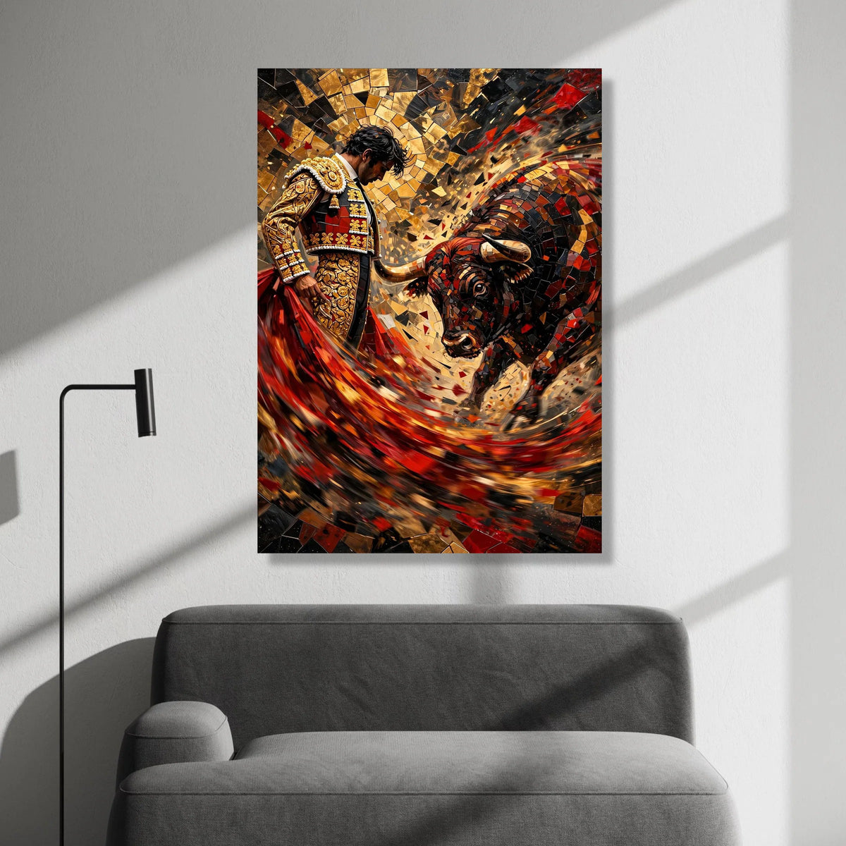 Bold Bullfighter and Charging Bull Canvas, Red and Gold Mosaic Wall Art, Spanish Fiesta Canvas, Bullfight Scene Decoration, Canvas Print Art