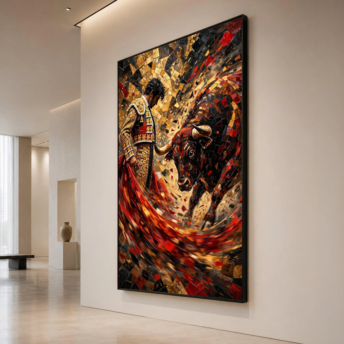 Bold Bullfighter and Charging Bull Canvas, Red and Gold Mosaic Wall Art, Spanish Fiesta Canvas, Bullfight Scene Decoration, Canvas Print Art