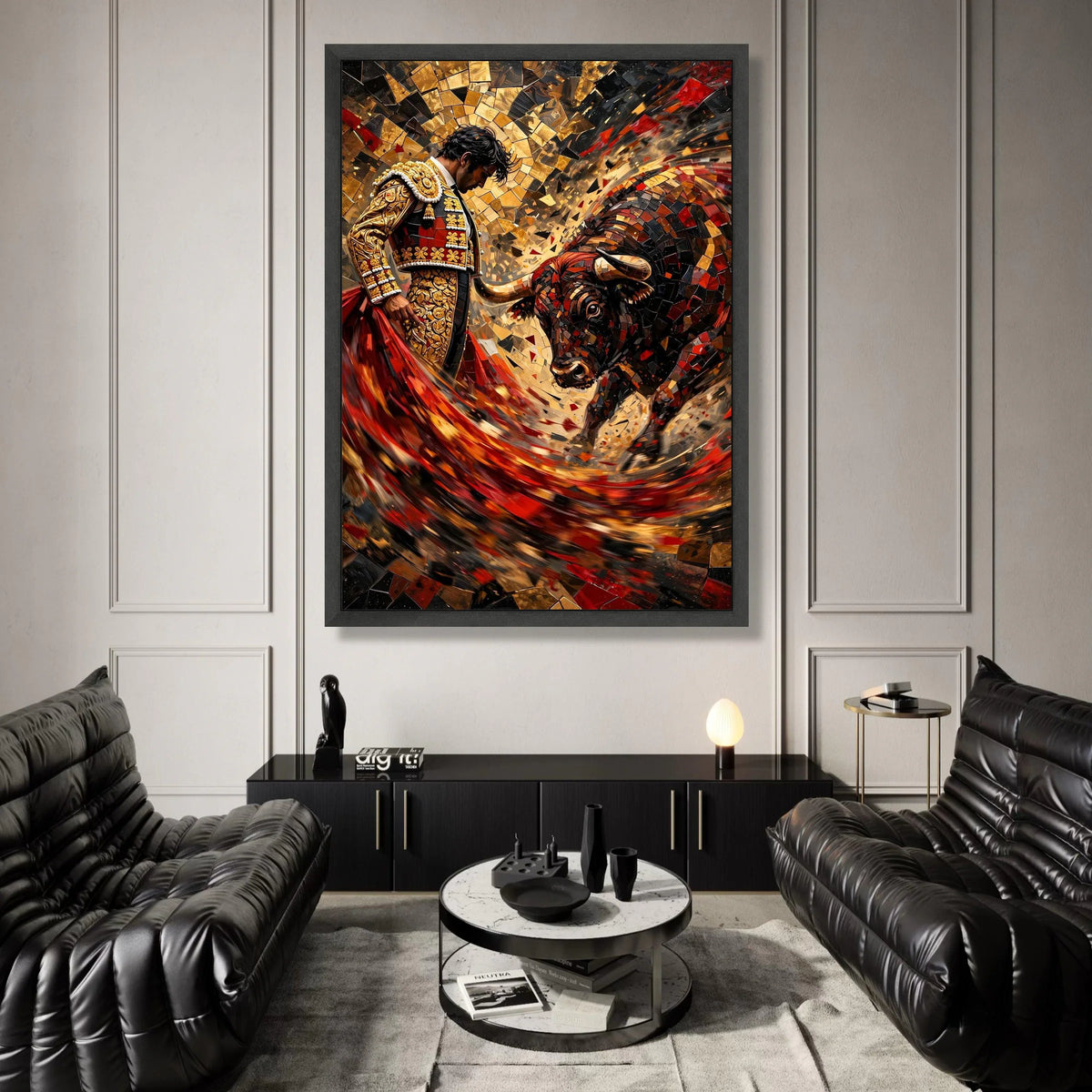 Bold Bullfighter and Charging Bull Canvas, Red and Gold Mosaic Wall Art, Spanish Fiesta Canvas, Bullfight Scene Decoration, Canvas Print Art