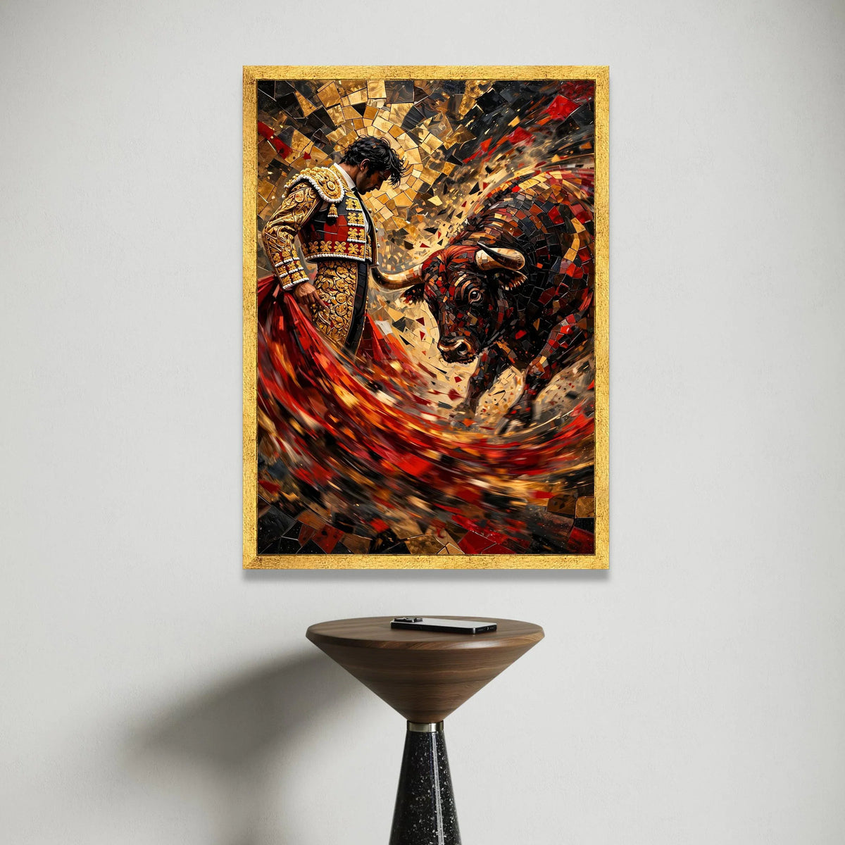 Bold Bullfighter and Charging Bull Canvas, Red and Gold Mosaic Wall Art, Spanish Fiesta Canvas, Bullfight Scene Decoration, Canvas Print Art