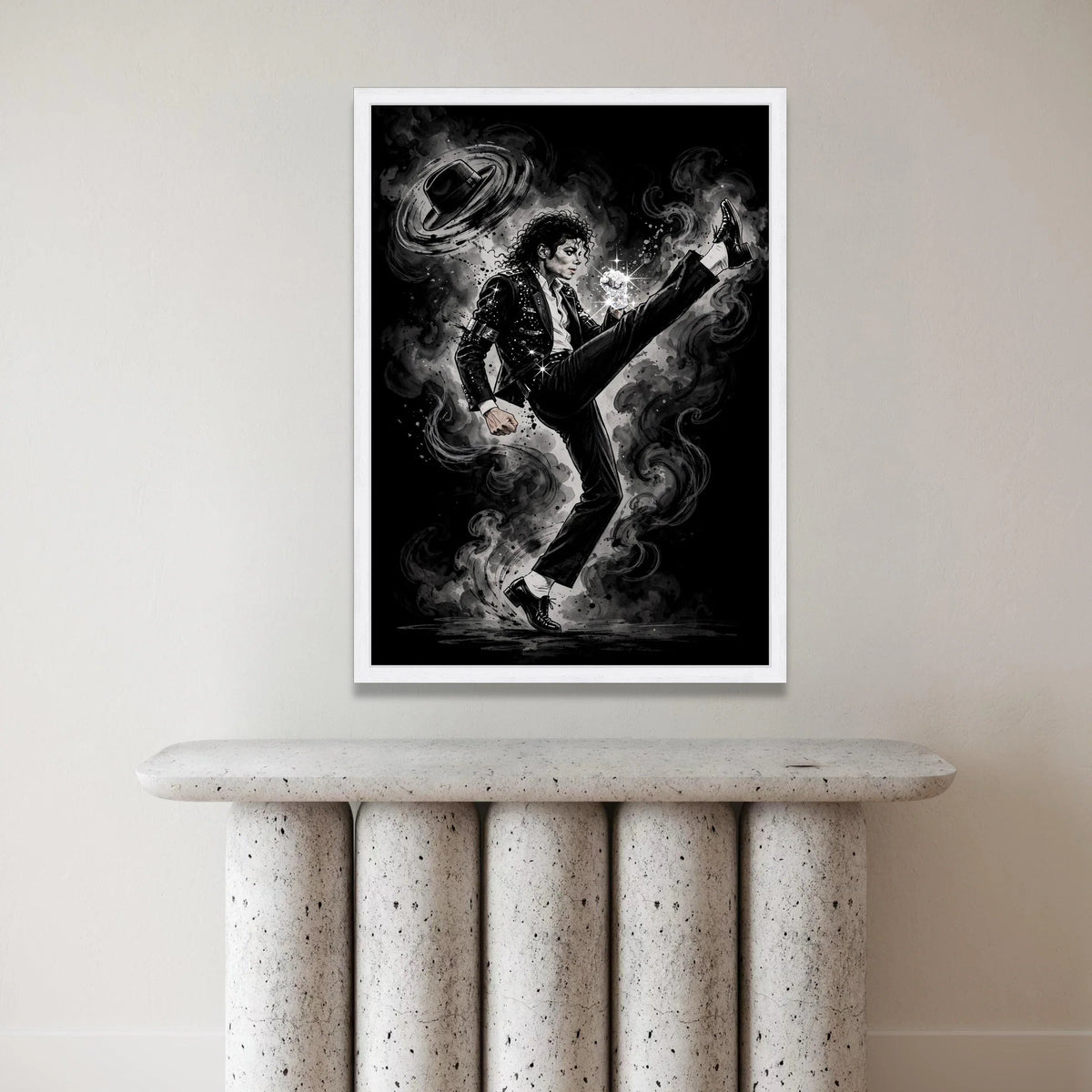 Iconic Pop Dance Pose Canvas Wall Art, Black and White Music Legend Illustration, Sparkling Glove Design, Retro Performance Canvas Print Art