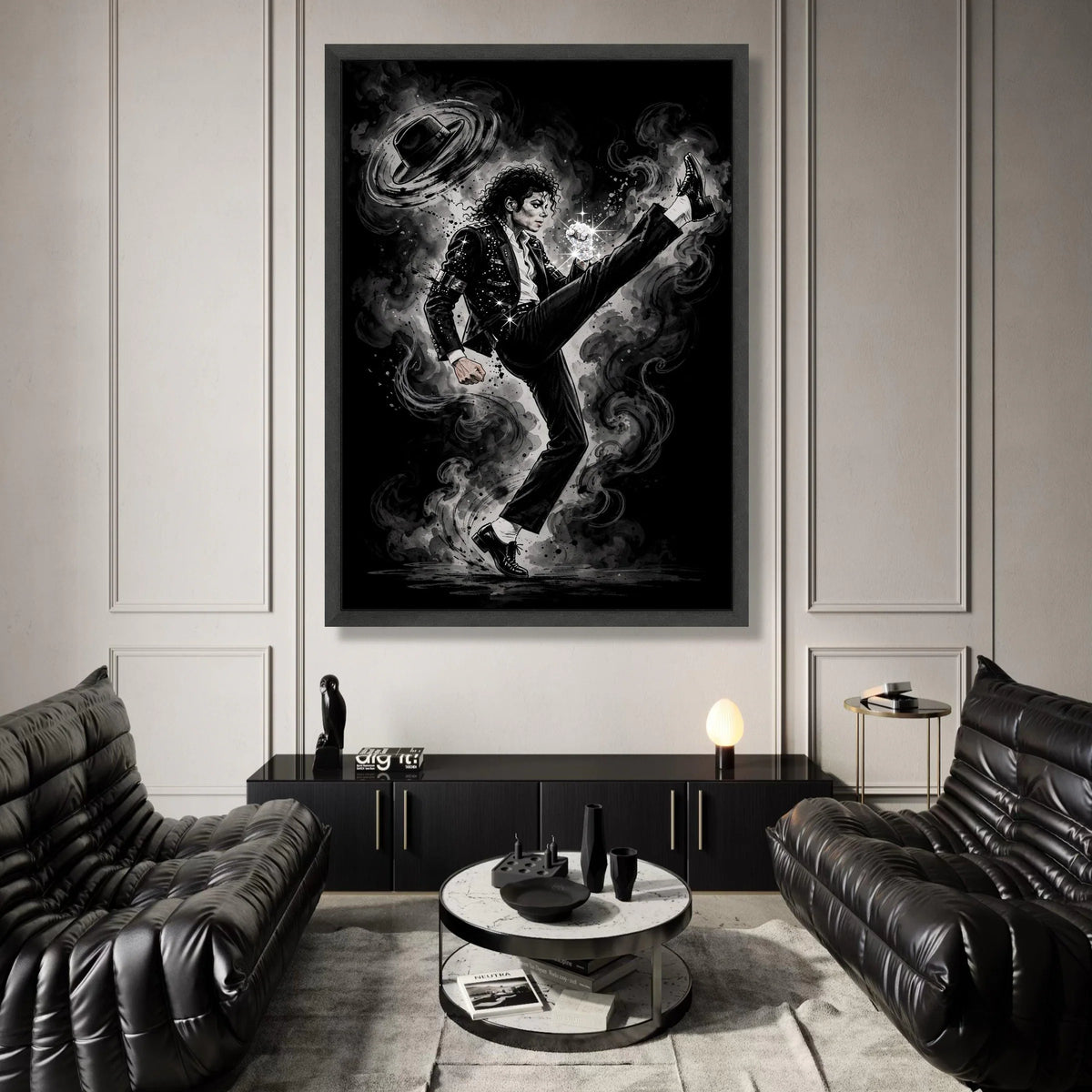 Iconic Pop Dance Pose Canvas Wall Art, Black and White Music Legend Illustration, Sparkling Glove Design, Retro Performance Canvas Print Art