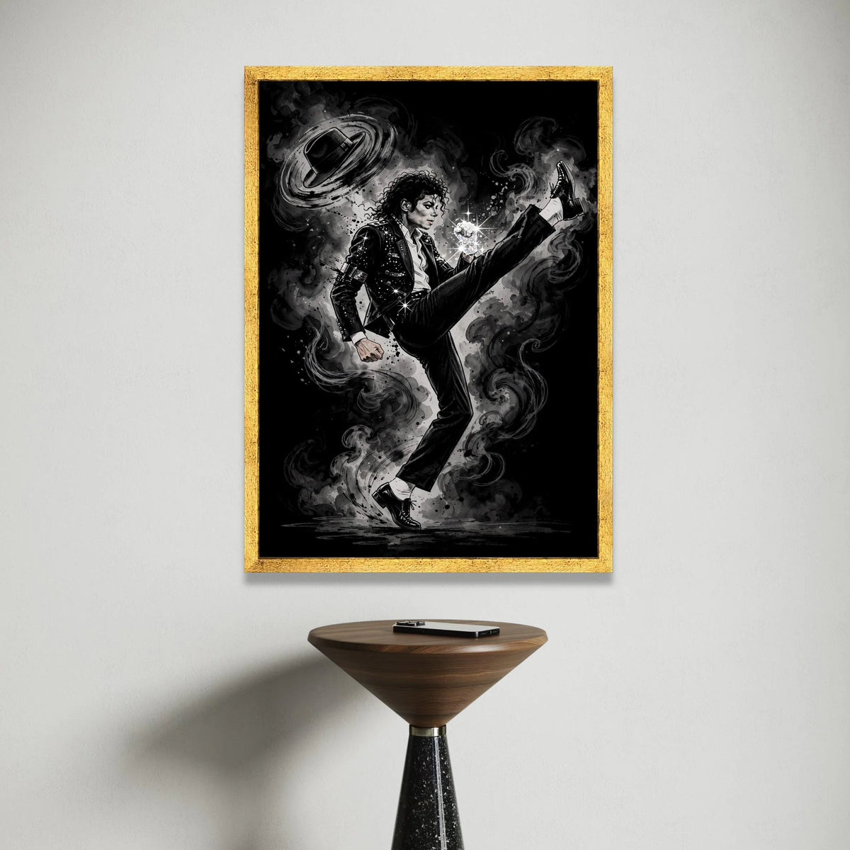 Iconic Pop Dance Pose Canvas Wall Art, Black and White Music Legend Illustration, Sparkling Glove Design, Retro Performance Canvas Print Art