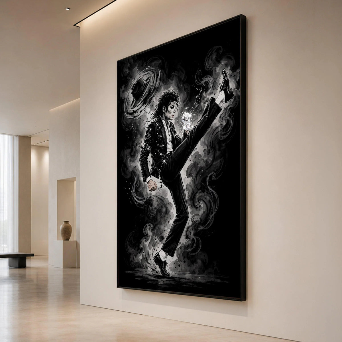 Iconic Pop Dance Pose Canvas Wall Art, Black and White Music Legend Illustration, Sparkling Glove Design, Retro Performance Canvas Print Art