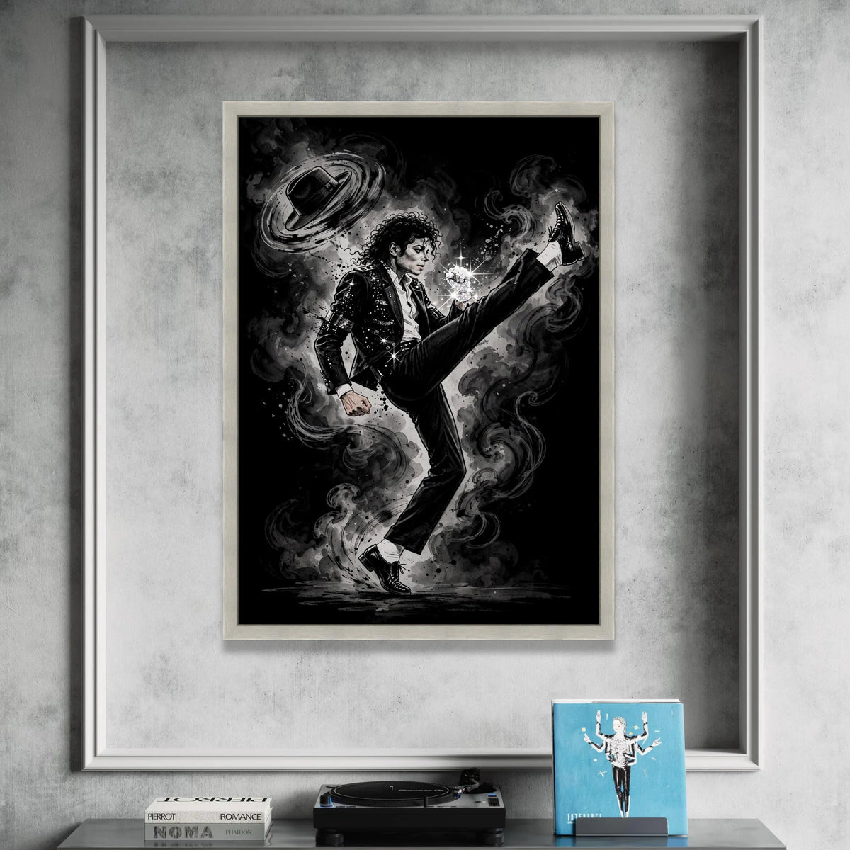 Iconic Pop Dance Pose Canvas Wall Art, Black and White Music Legend Illustration, Sparkling Glove Design, Retro Performance Canvas Print Art