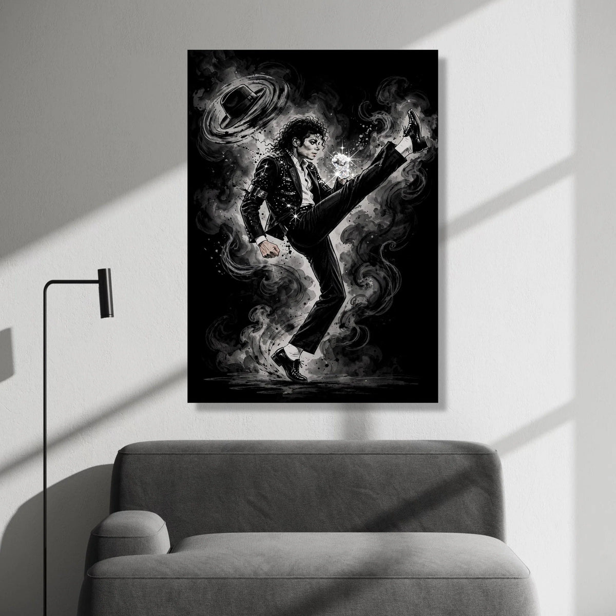Iconic Pop Dance Pose Canvas Wall Art, Black and White Music Legend Illustration, Sparkling Glove Design, Retro Performance Canvas Print Art
