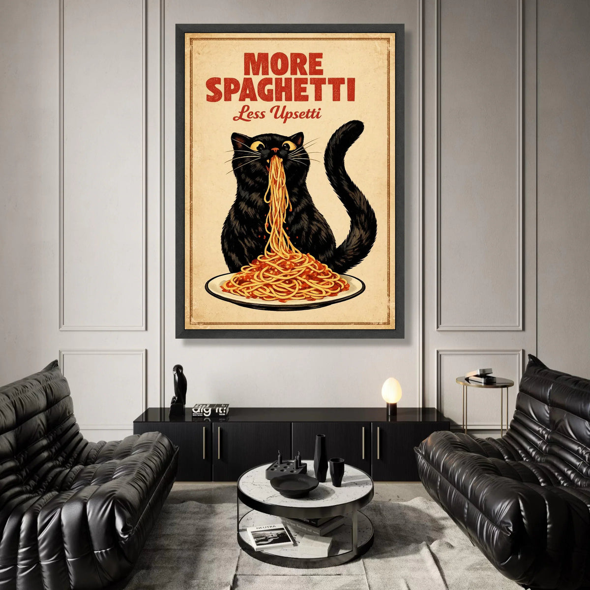 Playful Black Cat Eating Spaghetti Canvas, Humorous Kitchen Wall Art, Fun Food Quote Canvas, Italian Food Decor, Ready to Canvas Print Art