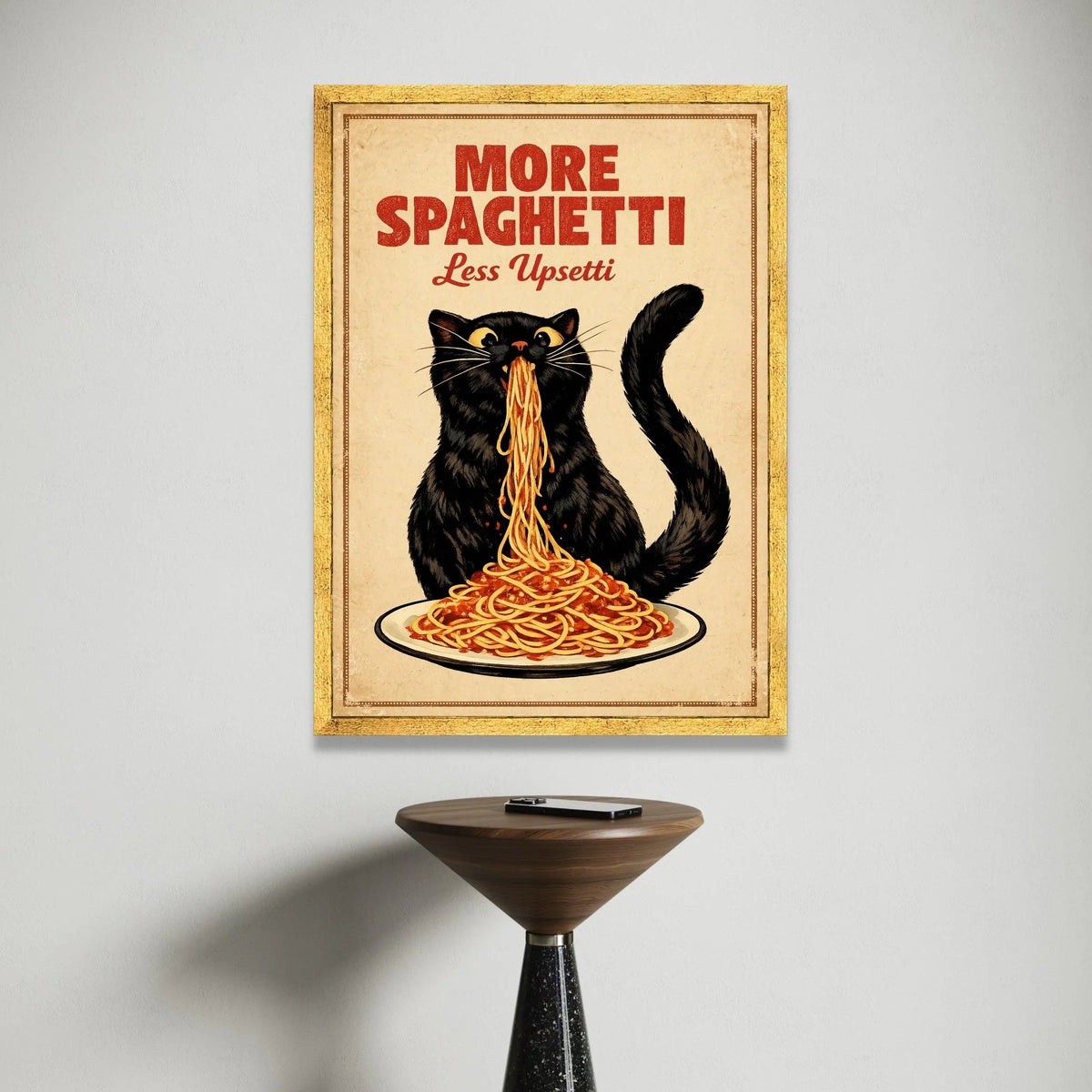Playful Black Cat Eating Spaghetti Canvas, Humorous Kitchen Wall Art, Fun Food Quote Canvas, Italian Food Decor, Ready to Canvas Print Art