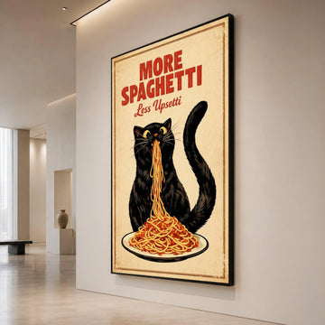 Playful Black Cat Eating Spaghetti Canvas, Humorous Kitchen Wall Art, Fun Food Quote Canvas, Italian Food Decor, Ready to Canvas Print Art