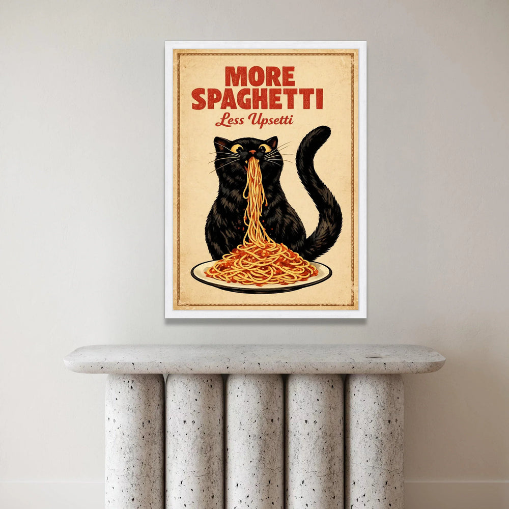 Playful Black Cat Eating Spaghetti Canvas, Humorous Kitchen Wall Art, Fun Food Quote Canvas, Italian Food Decor, Ready to Canvas Print Art