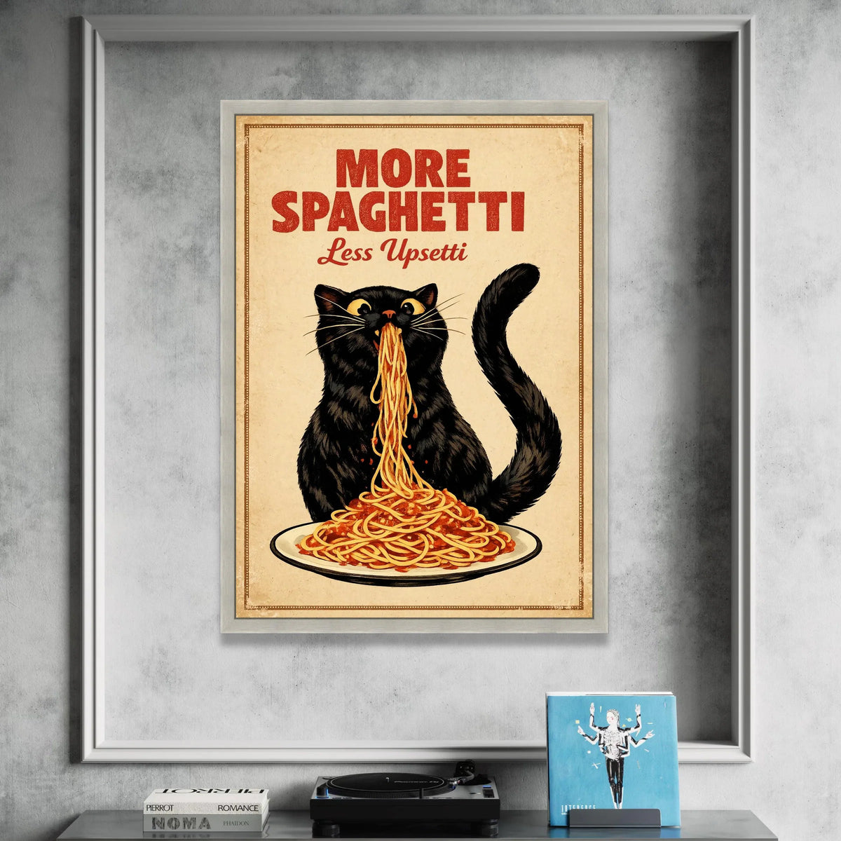 Playful Black Cat Eating Spaghetti Canvas, Humorous Kitchen Wall Art, Fun Food Quote Canvas, Italian Food Decor, Ready to Canvas Print Art