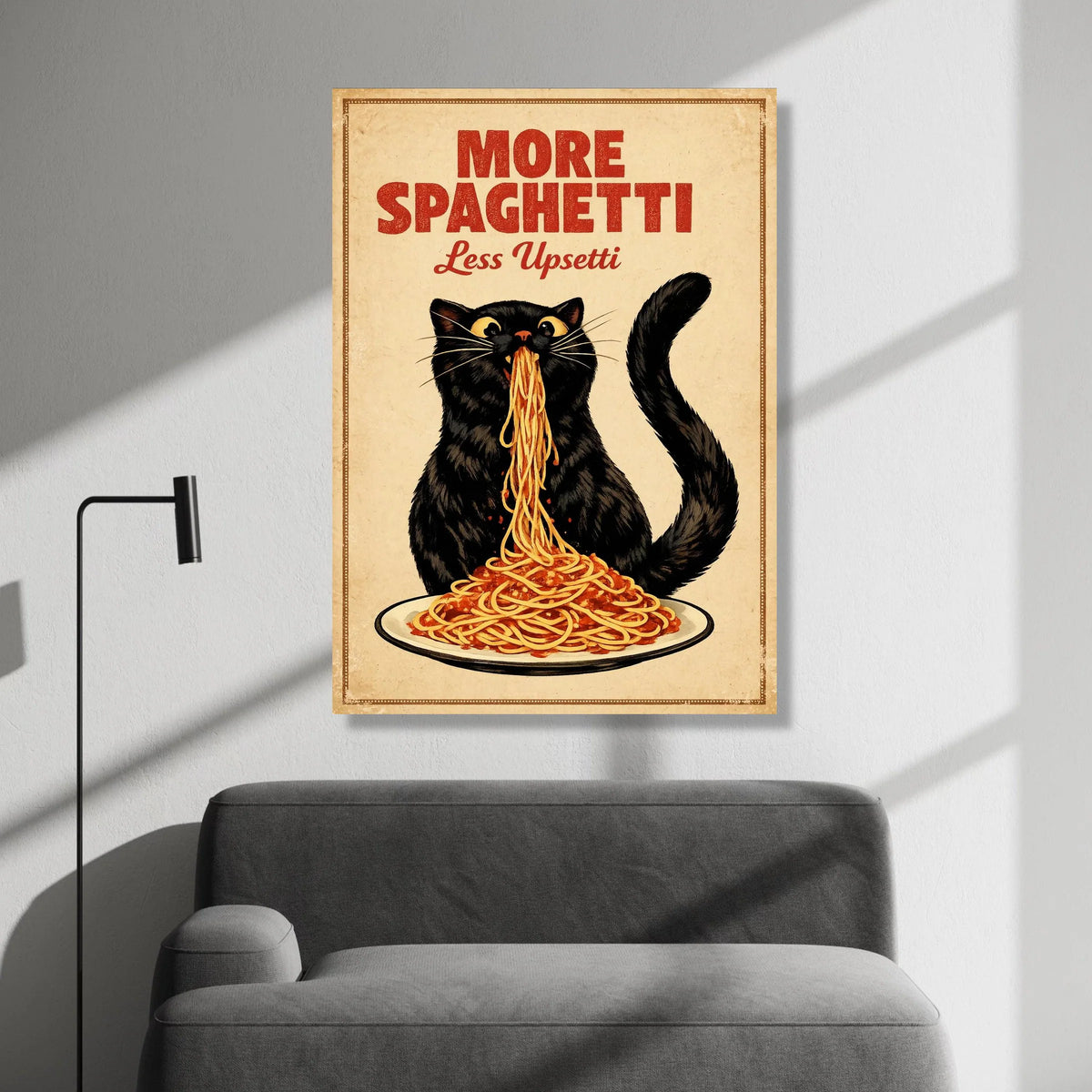 Playful Black Cat Eating Spaghetti Canvas, Humorous Kitchen Wall Art, Fun Food Quote Canvas, Italian Food Decor, Ready to Canvas Print Art