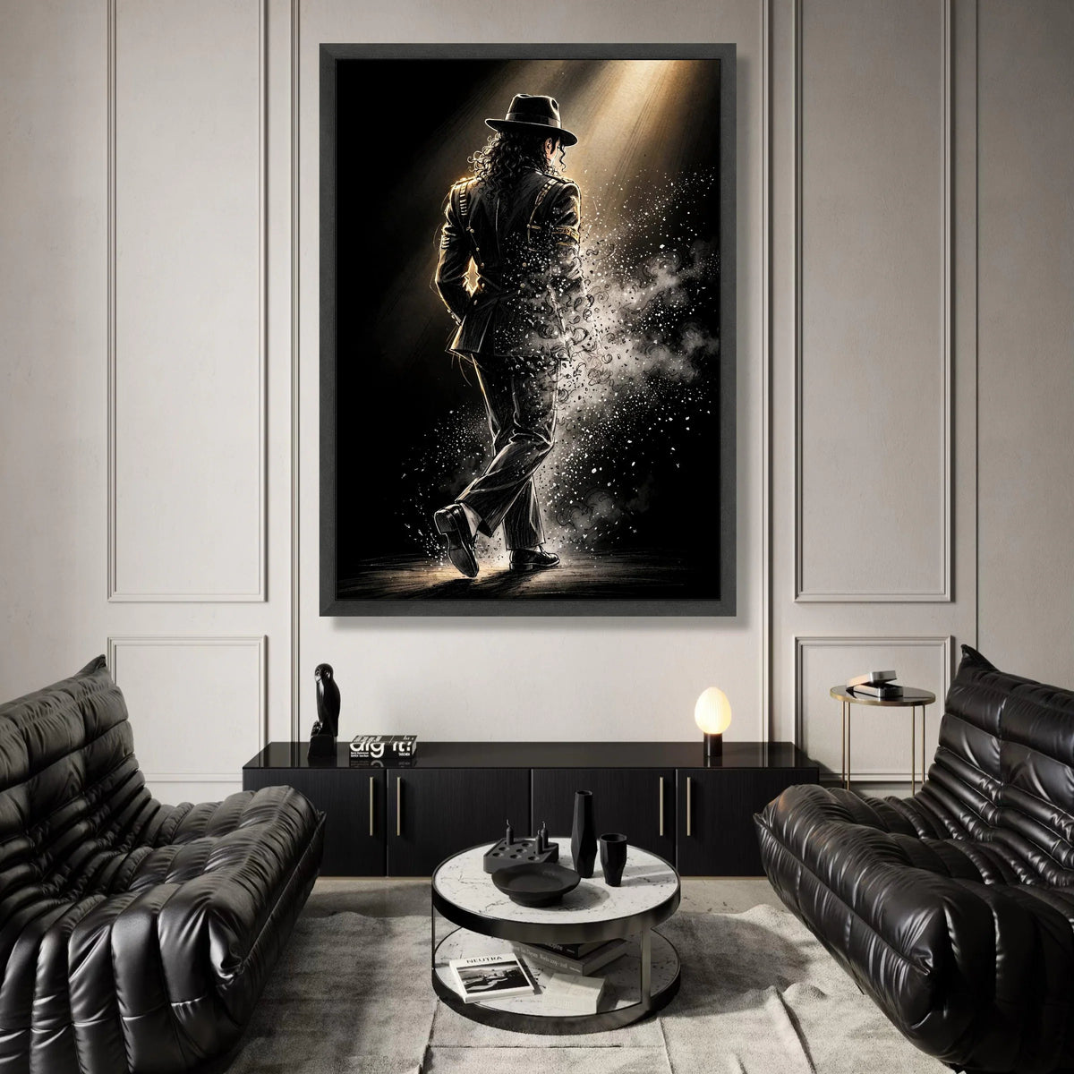 Iconic Performance Silhouette, Retro Dancer Canvas Wall Art, Stage Spotlight Illustration, Black Suit Figure Canvas, Music Canvas Print Art