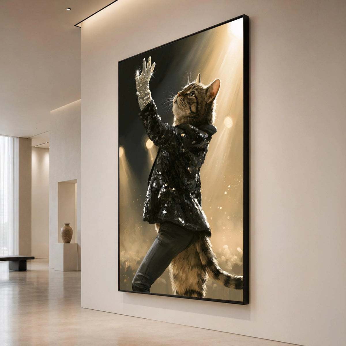 Glamorous Cat Performance Canvas, Sparkling Glove Wall Art, Stage Spotlight Canvas, Animal Portrait Decoration, Elegant Canvas Print Art